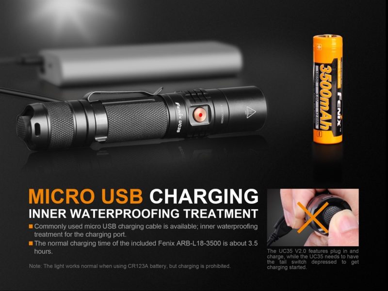 Fenix UC35 V2 snel opladen met micro usb en goed waterproof