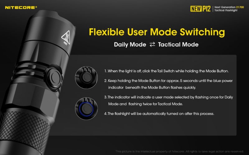 Nitecore P12 flexibel schakelen tussen normaal en tactisch gebruik