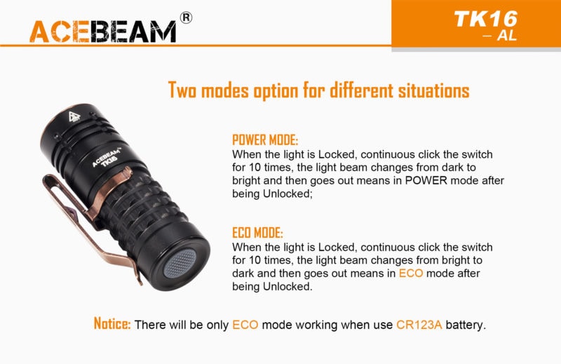 Acebeam tk16 AL power mode en eco mode