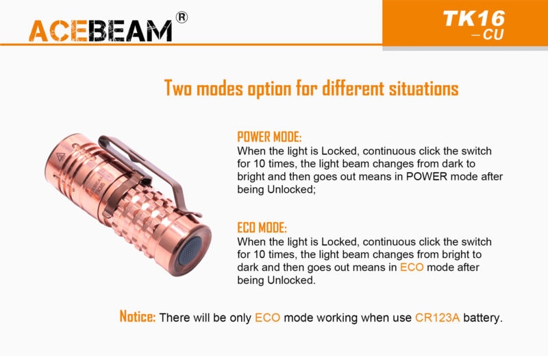 acebeam TK16 CU power en eco modus