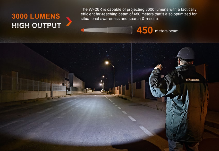Fenix WF26R zaklamp 3000 lumen en beamshot