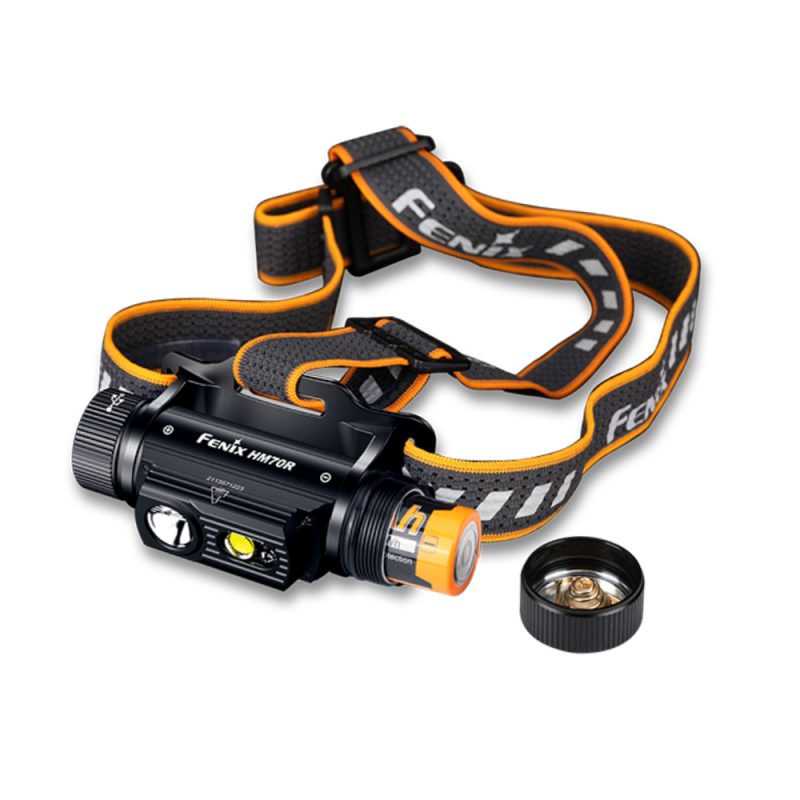 Fenix HM70R Hoofdlamp – Schuine Vooraanzicht met Open Batterijvak