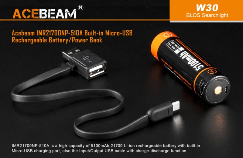 Acebeam W30 met batterij en adapter