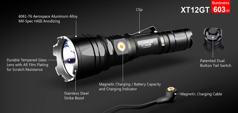 Klarus XT12GT Inclusief krachtige 18650-batterij en magnetische USB-kabel