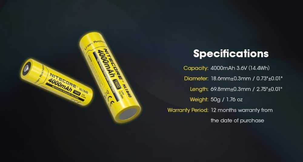 Nitecore NL1840 Batterij Specificaties