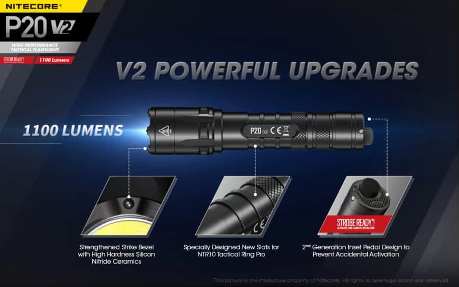 Nitecore P20 V2 1100 lumen direct stroboscoop, krachtige bezel